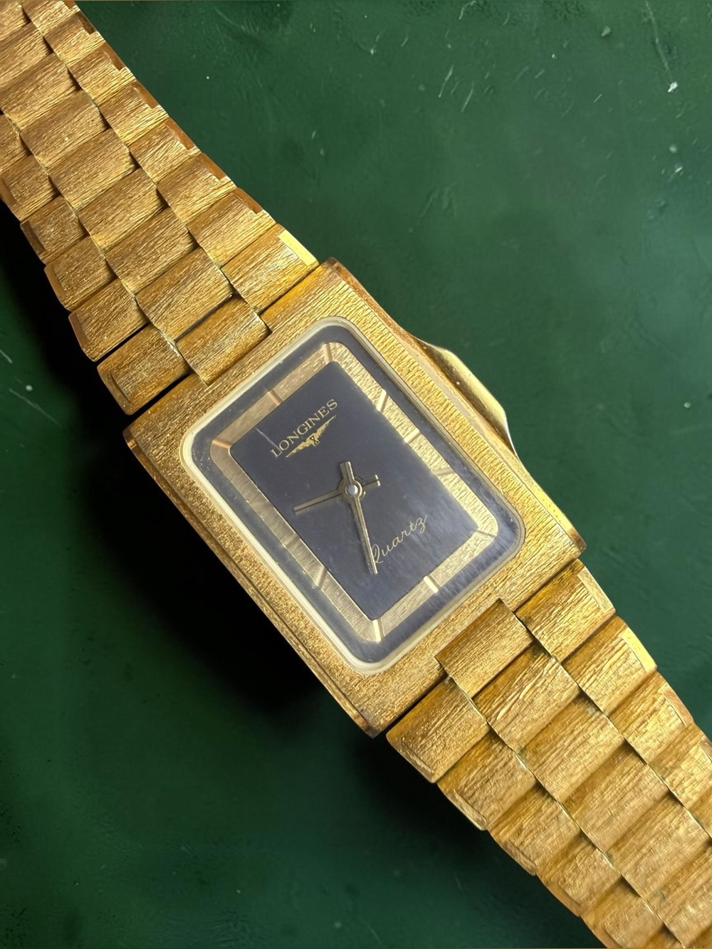 Vintage Longines MZ 5703 Quartz Watch Blue Dial Gold Tone Integrated Bracelet Ru